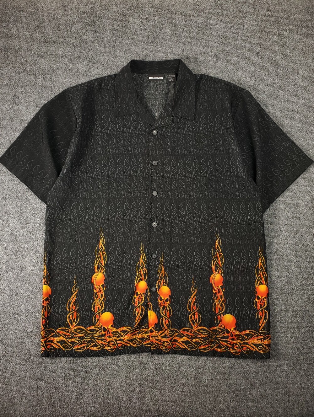 Vintage Y2K ODO Shirt XL Button Up Short Sleeve Flames Skulls All Over Graphic